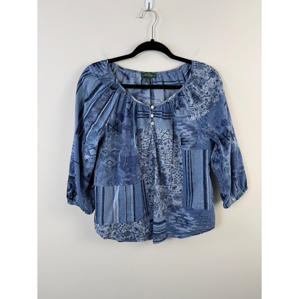 Vintage Ralph Lauren Patchwork Peasant Blouse Women's Small Blue White Cotton